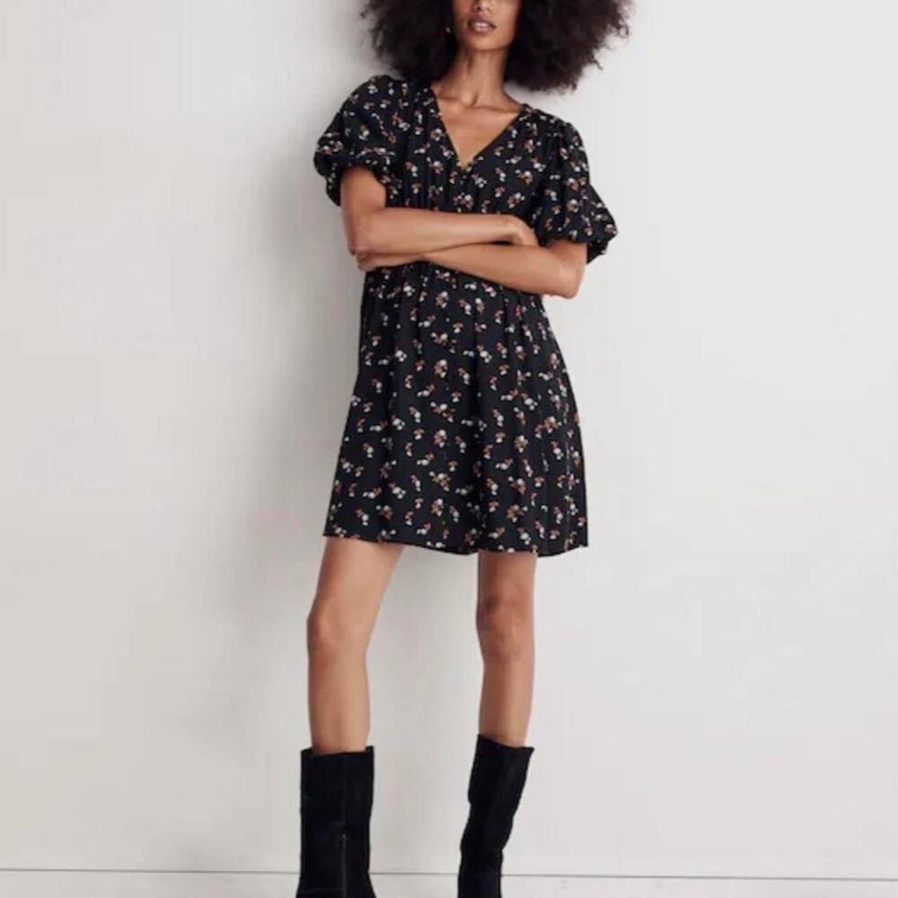 Madewell Challis Sophia black floral mini dress, size small
